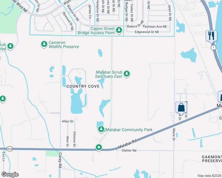 map of restaurants, bars, coffee shops, grocery stores, and more near Malabar Woods Boulevard in Malabar