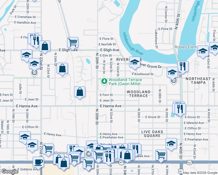 map of restaurants, bars, coffee shops, grocery stores, and more near 6410 North 32nd Street in Tampa