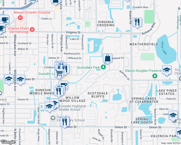 map of restaurants, bars, coffee shops, grocery stores, and more near 1098 Montrose Place in Dunedin