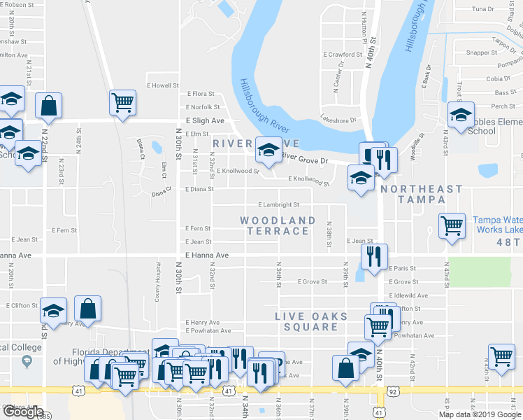 map of restaurants, bars, coffee shops, grocery stores, and more near 6411 North 34th Street in Tampa