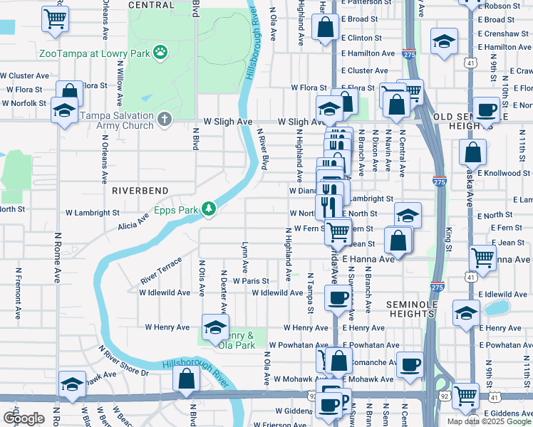map of restaurants, bars, coffee shops, grocery stores, and more near 320 West Lambright Street in Tampa