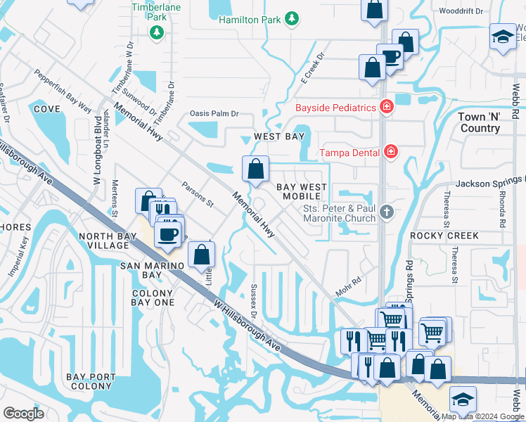 map of restaurants, bars, coffee shops, grocery stores, and more near 212 Shore Parkway in Town 'n' Country