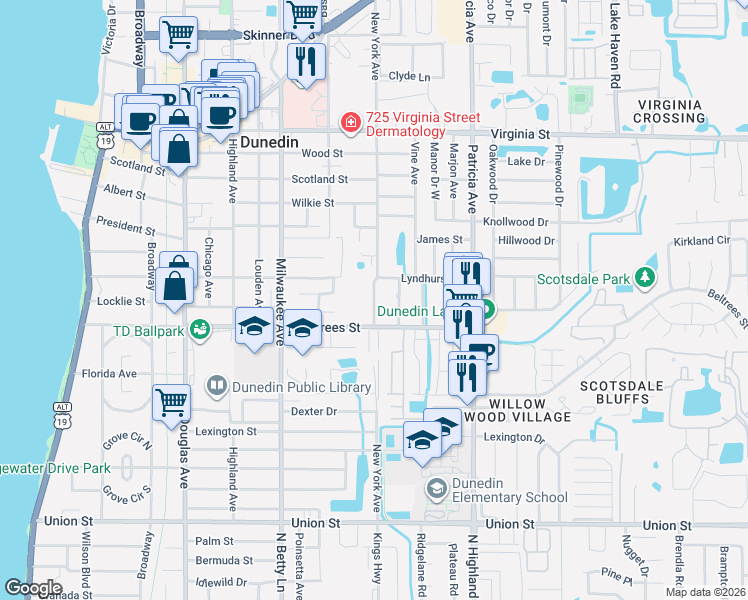 map of restaurants, bars, coffee shops, grocery stores, and more near 660 Beltrees Street in Dunedin
