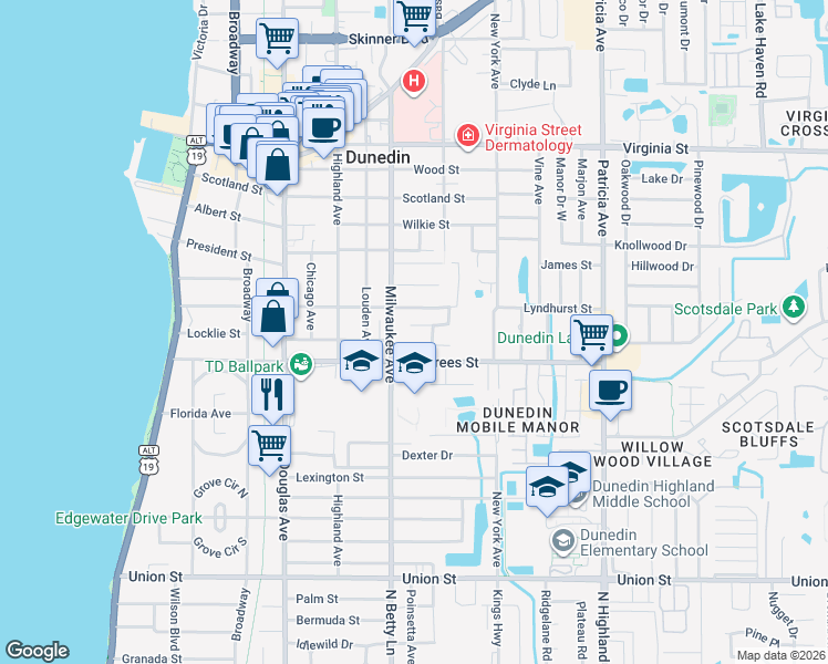 map of restaurants, bars, coffee shops, grocery stores, and more near 603 Lyndhurst Street in Dunedin