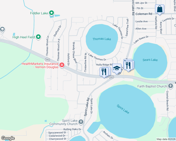 map of restaurants, bars, coffee shops, grocery stores, and more near 3223 Timberline Road in Winter Haven