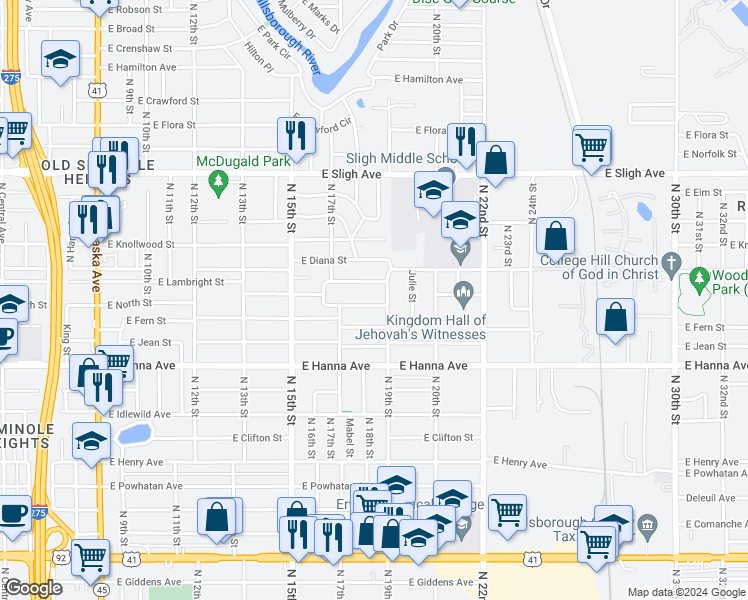 map of restaurants, bars, coffee shops, grocery stores, and more near 1728 Southeast Lambright Street in Tampa