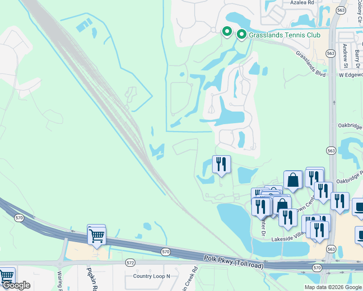map of restaurants, bars, coffee shops, grocery stores, and more near 3085 Shoal Creek Village Drive in Lakeland