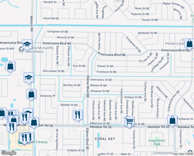 map of restaurants, bars, coffee shops, grocery stores, and more near 435 Delmonico Street Northeast in Palm Bay
