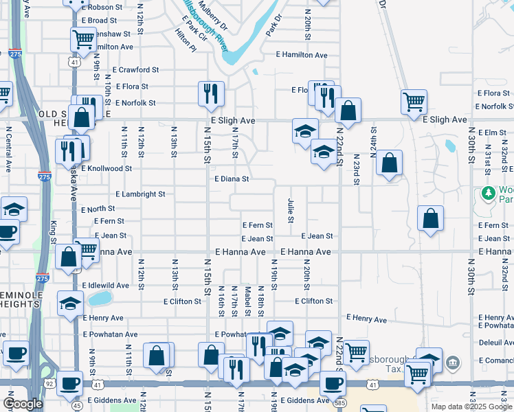 map of restaurants, bars, coffee shops, grocery stores, and more near 1717 Northeast Lambright Street in Tampa