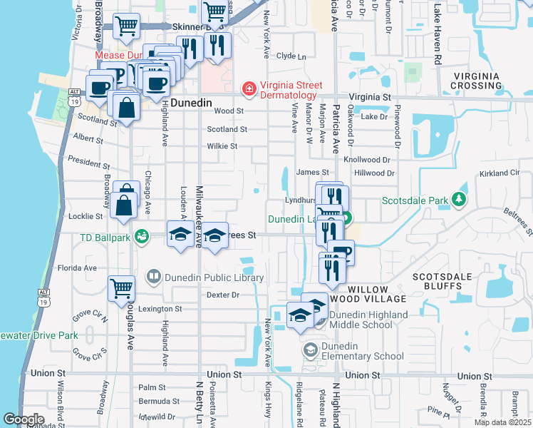 map of restaurants, bars, coffee shops, grocery stores, and more near 819 Lyndhurst Street in Dunedin