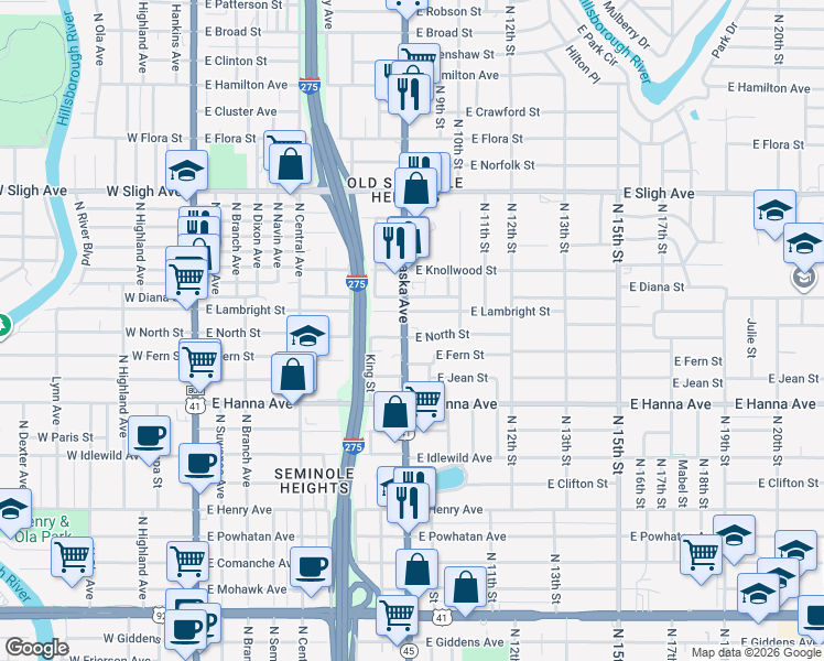 map of restaurants, bars, coffee shops, grocery stores, and more near 905 East Lambright Street in Tampa