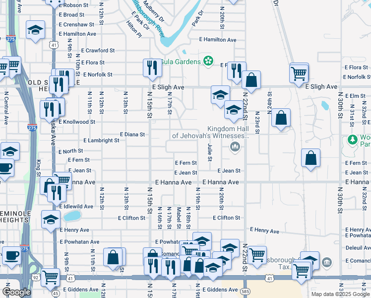 map of restaurants, bars, coffee shops, grocery stores, and more near 1717 Northeast Lambright Street in Tampa