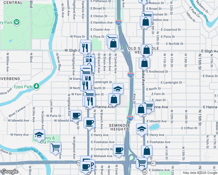 map of restaurants, bars, coffee shops, grocery stores, and more near 311 East Lambright Street in Tampa