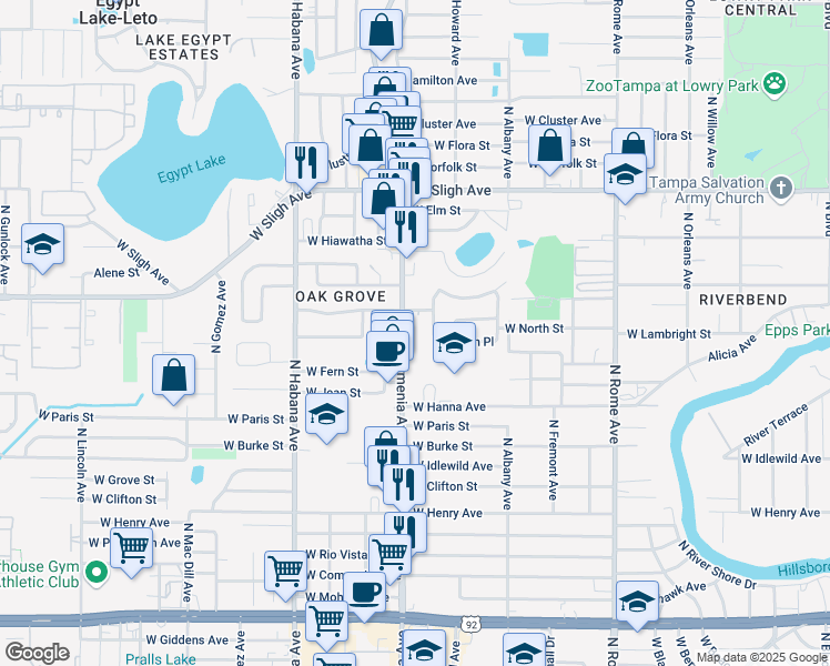map of restaurants, bars, coffee shops, grocery stores, and more near 2352 Fern Place in Tampa