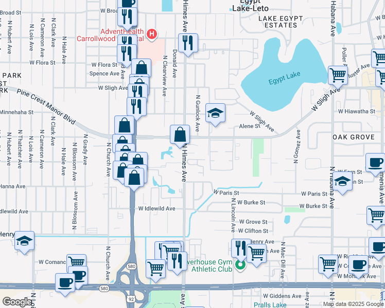 map of restaurants, bars, coffee shops, grocery stores, and more near 6509 North Himes Avenue in Tampa