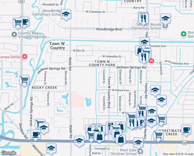 map of restaurants, bars, coffee shops, grocery stores, and more near 6422 Santa Monica Drive in Town 'n' Country