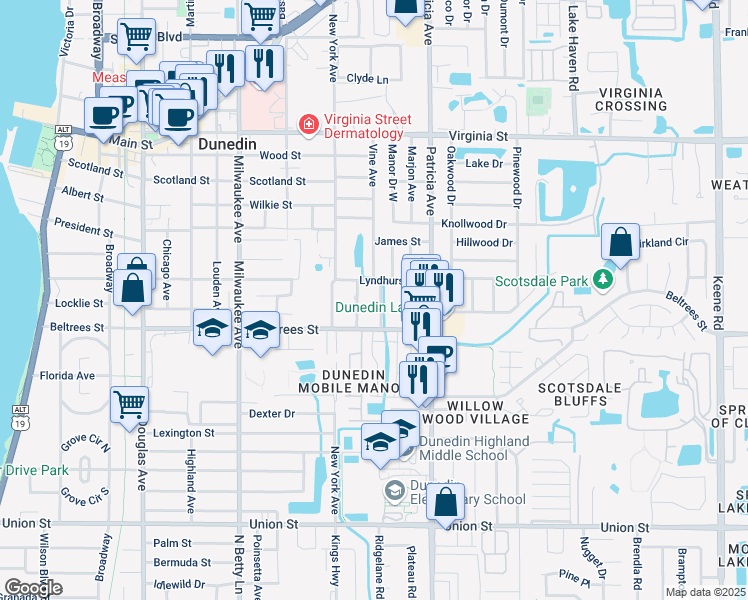 map of restaurants, bars, coffee shops, grocery stores, and more near 460 3rd Avenue in Dunedin