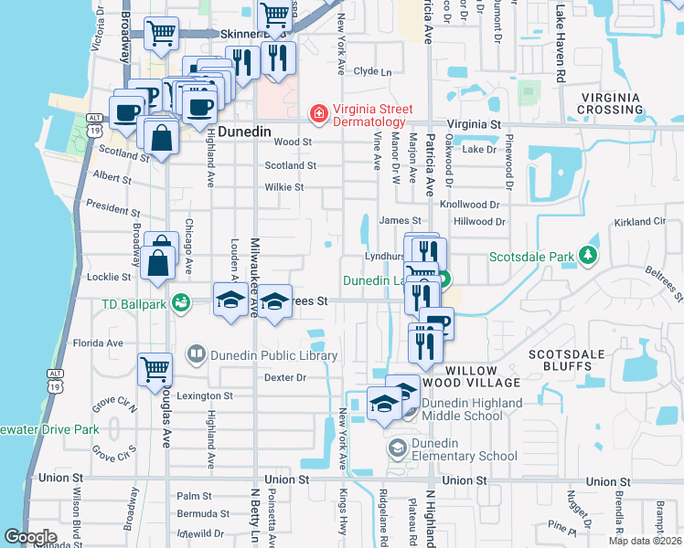 map of restaurants, bars, coffee shops, grocery stores, and more near 819 Lyndhurst Street in Dunedin