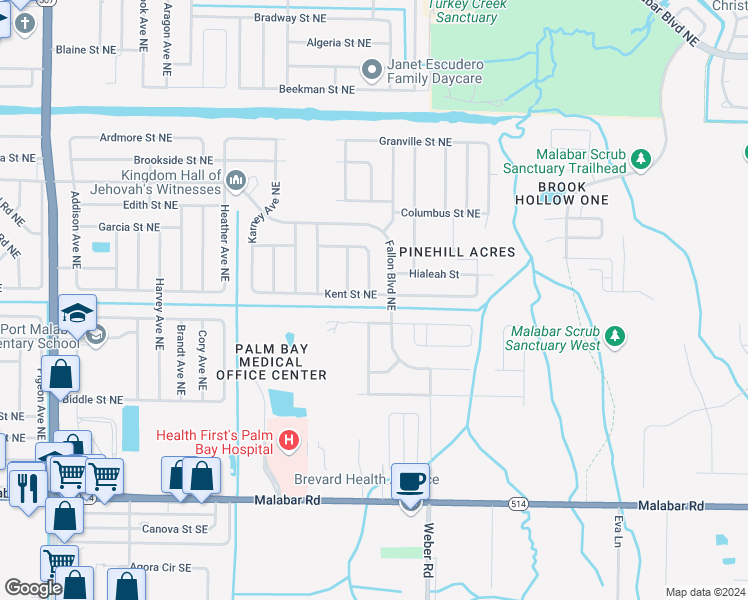 map of restaurants, bars, coffee shops, grocery stores, and more near 2156 Kent Street Northeast in Palm Bay