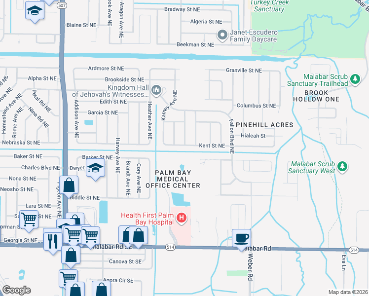 map of restaurants, bars, coffee shops, grocery stores, and more near 2042 Kent Street Northeast in Palm Bay