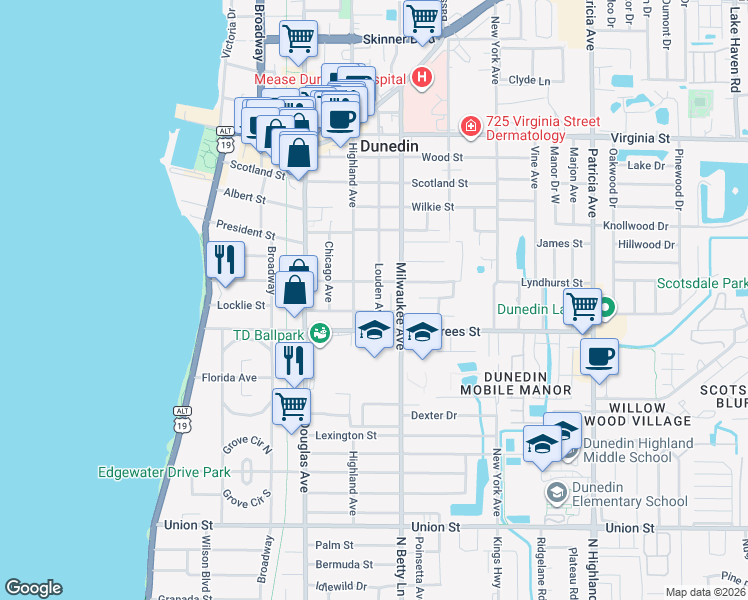 map of restaurants, bars, coffee shops, grocery stores, and more near 440 Louden Avenue in Dunedin