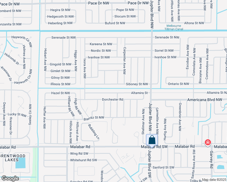 map of restaurants, bars, coffee shops, grocery stores, and more near 1048 Siboney Street Northwest in Palm Bay