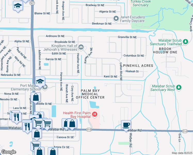 map of restaurants, bars, coffee shops, grocery stores, and more near 2042 Kent Street Northeast in Palm Bay