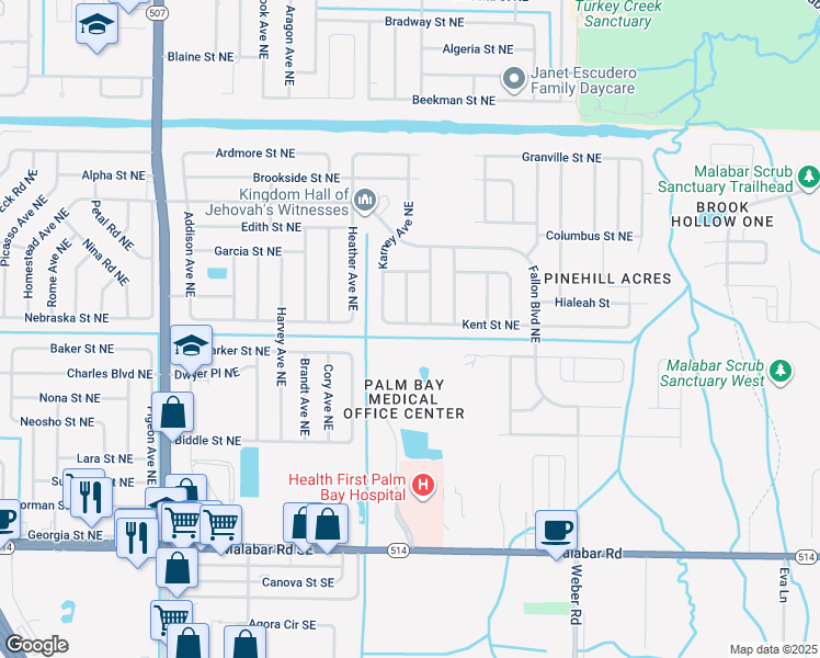 map of restaurants, bars, coffee shops, grocery stores, and more near 2024 Kent Street Northeast in Palm Bay