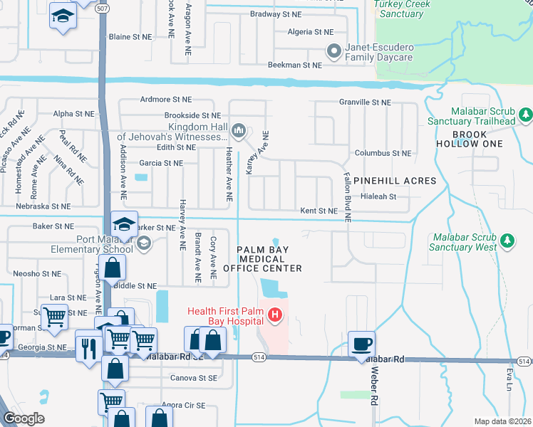 map of restaurants, bars, coffee shops, grocery stores, and more near 2024 Kent Street Northeast in Palm Bay