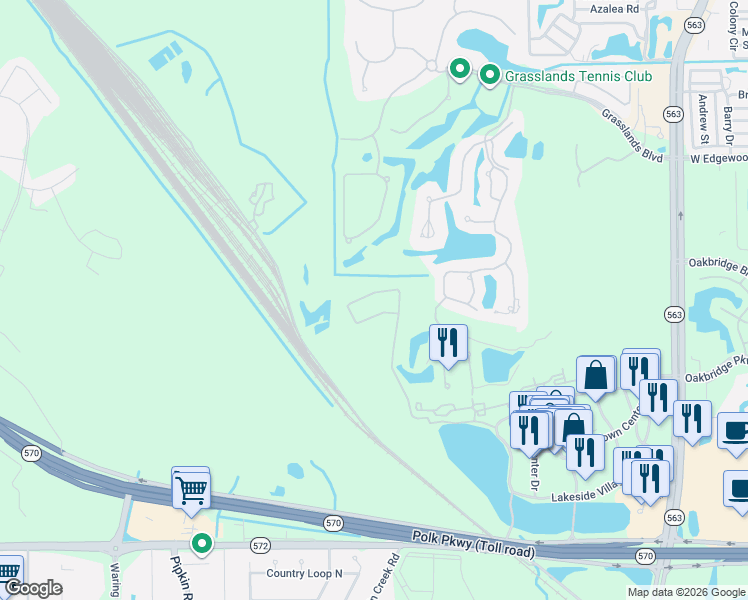 map of restaurants, bars, coffee shops, grocery stores, and more near 3085 Shoal Creek Village Drive in Lakeland