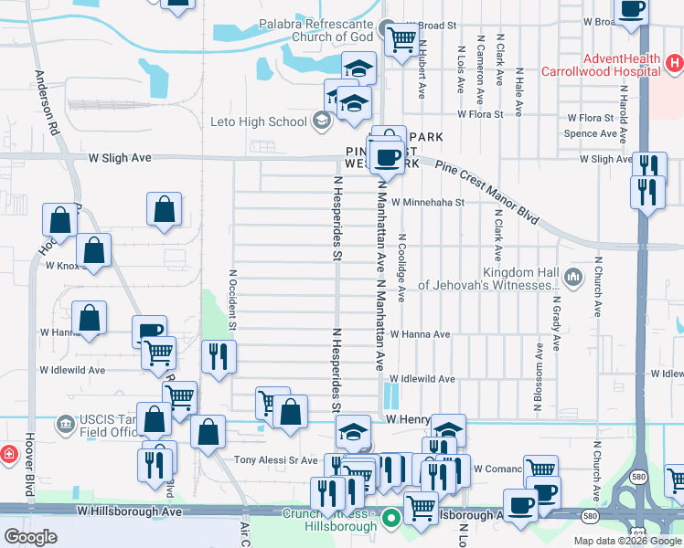 map of restaurants, bars, coffee shops, grocery stores, and more near 4502 West Knox Street in Tampa