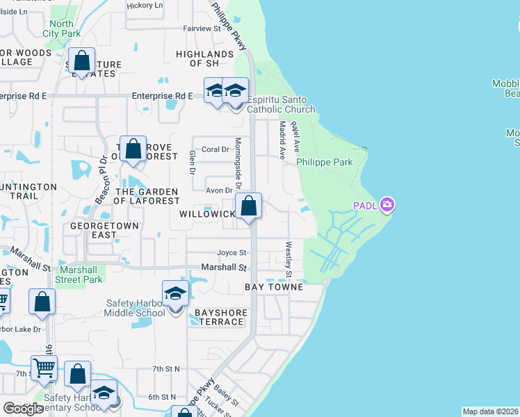 map of restaurants, bars, coffee shops, grocery stores, and more near 1923 Bayshore Court in Safety Harbor
