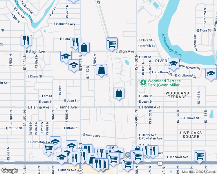 map of restaurants, bars, coffee shops, grocery stores, and more near 2507 East Diana Street in Tampa