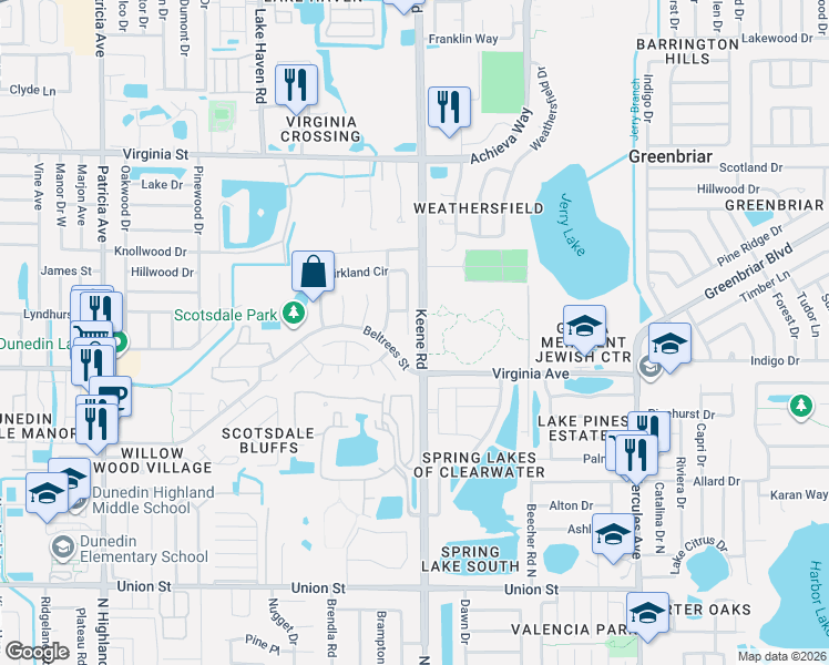 map of restaurants, bars, coffee shops, grocery stores, and more near 820 Kirkland Circle in Dunedin