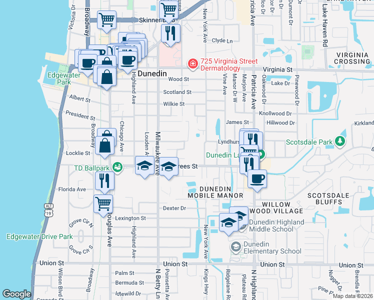 map of restaurants, bars, coffee shops, grocery stores, and more near 633 Lyndhurst Street in Dunedin