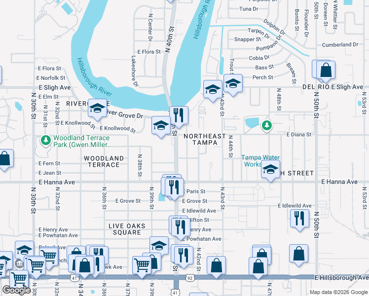 map of restaurants, bars, coffee shops, grocery stores, and more near 6414 North 41st Street in Tampa