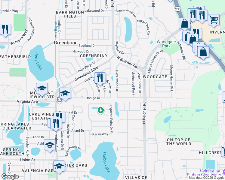 map of restaurants, bars, coffee shops, grocery stores, and more near 2332 Surrey Lane in Clearwater