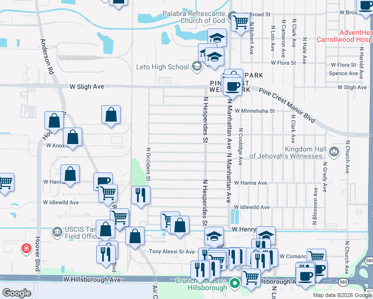 map of restaurants, bars, coffee shops, grocery stores, and more near 4515 West North Street in Tampa