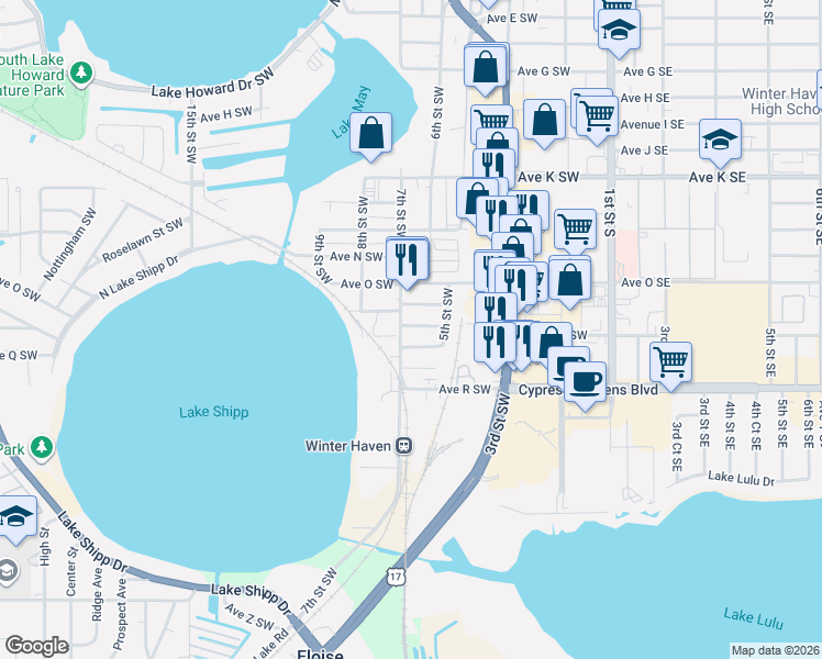 map of restaurants, bars, coffee shops, grocery stores, and more near 1547 7th Street Southwest in Winter Haven