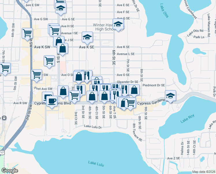 map of restaurants, bars, coffee shops, grocery stores, and more near 1534 Oakview Circle Southeast in Winter Haven
