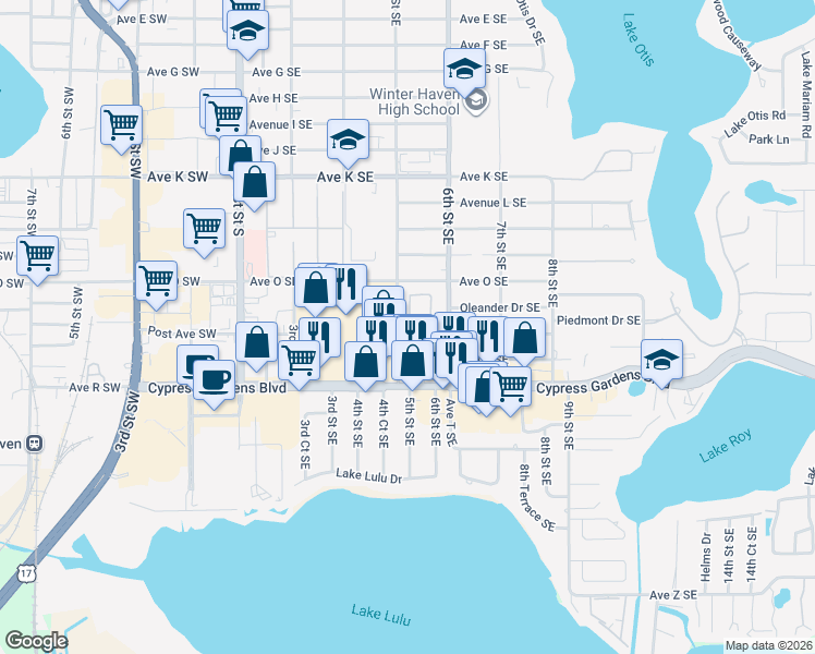 map of restaurants, bars, coffee shops, grocery stores, and more near 1534 Oakview Circle Southeast in Winter Haven