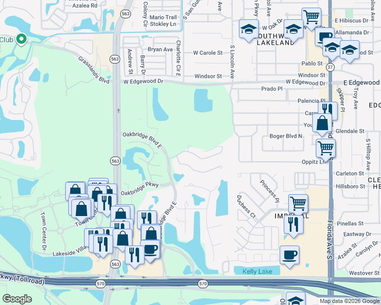 map of restaurants, bars, coffee shops, grocery stores, and more near Oakpark Drive in Lakeland