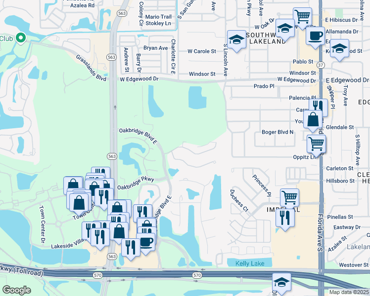 map of restaurants, bars, coffee shops, grocery stores, and more near Oakpark Drive in Lakeland