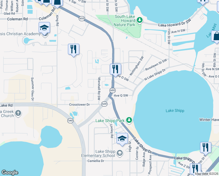 map of restaurants, bars, coffee shops, grocery stores, and more near in Winter Haven