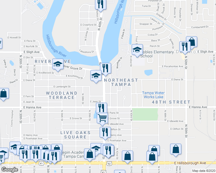 map of restaurants, bars, coffee shops, grocery stores, and more near 6419 North 41st Street in Tampa
