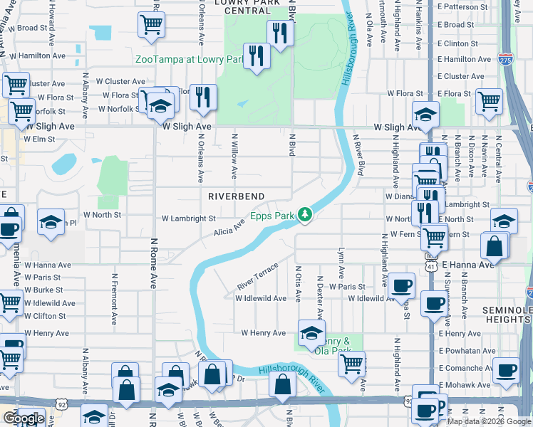 map of restaurants, bars, coffee shops, grocery stores, and more near 1101 Alicia Avenue in Tampa