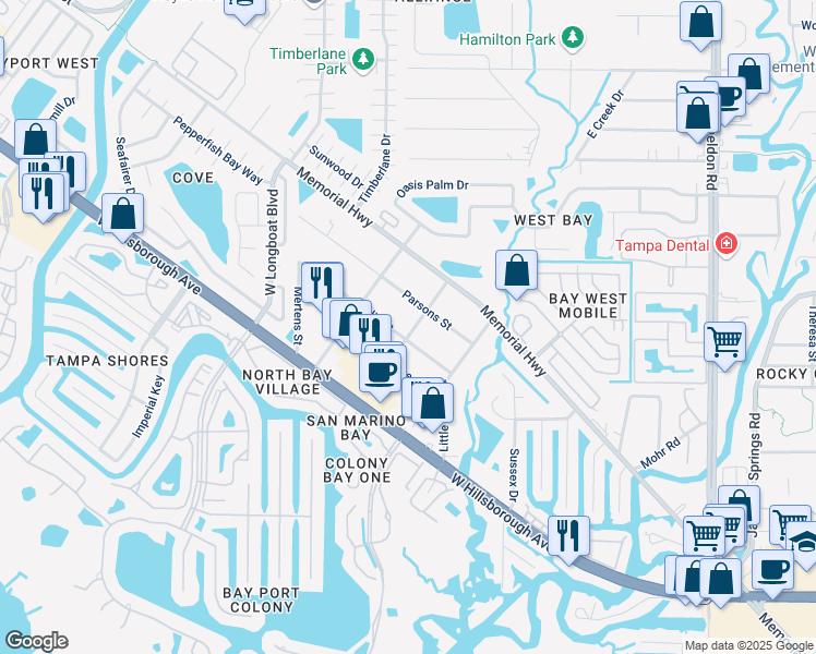 map of restaurants, bars, coffee shops, grocery stores, and more near 10011 Oslin Street in Tampa