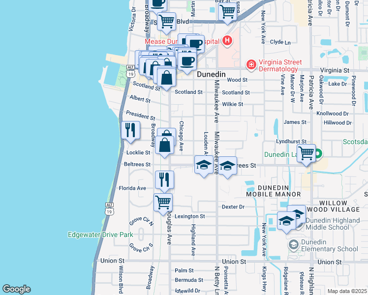 map of restaurants, bars, coffee shops, grocery stores, and more near 451 Chicago Avenue in Dunedin