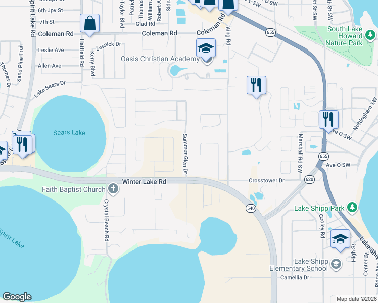map of restaurants, bars, coffee shops, grocery stores, and more near 838 Summer Glen Drive in Winter Haven