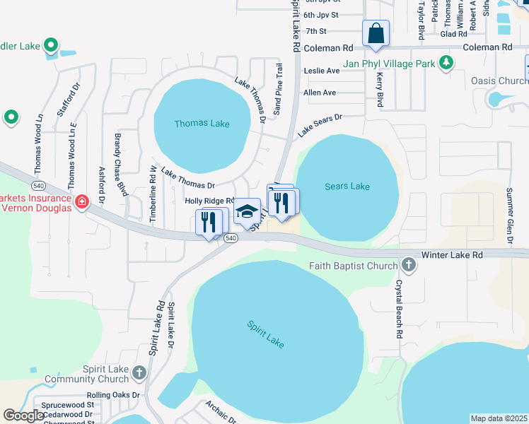 map of restaurants, bars, coffee shops, grocery stores, and more near 1056 Spirit Lake Road in Jan Phyl Village